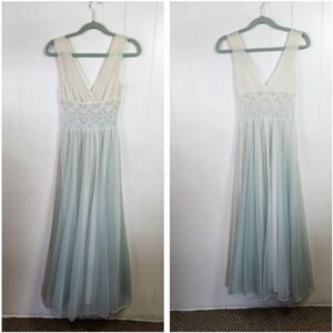 Vintage Blue Nylon Maxi Nightgown Lingerie Dress Lace Deep VNeck Small Fairycore